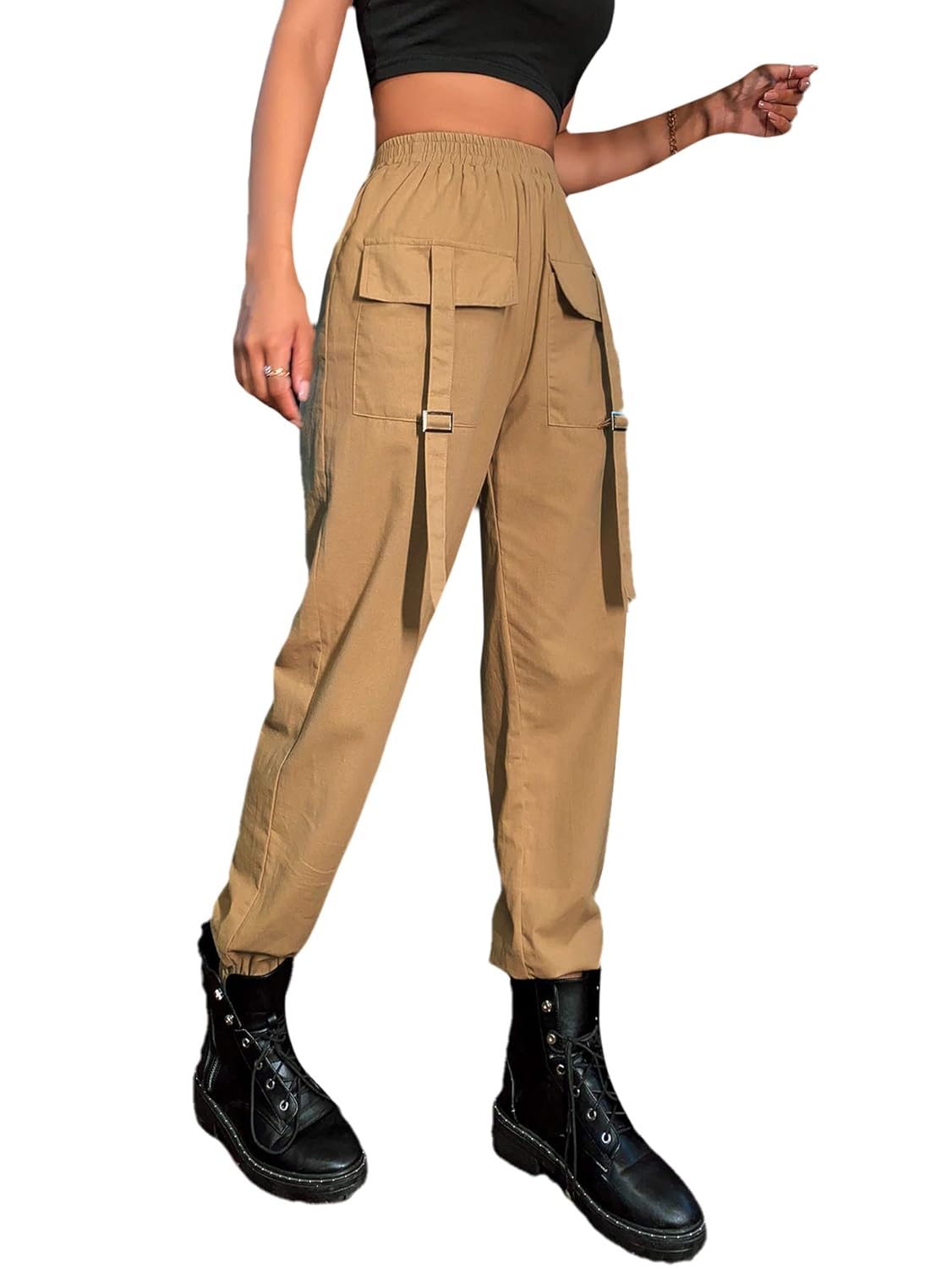 Buy Floerns Women's Casual Elastic Waist Cargo Pants with Pockets Khaki