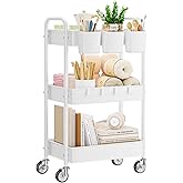 YASONIC Metal 3 Tier Rolling Cart - Heavy Duty Utility Cart with Lockable Wheels, Hanging Cups, Hooks, Mesh Rolling Storage C