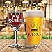 King Beer Queen Wine Glass (Set of 2) - His Hers Couple Drinkware - Newlyweds Wedding Anniversary Bridal Gift - Mr and Mrs Housewarming Birthday Glassware - Husband Wife Funny Fancy Royalty Novelty