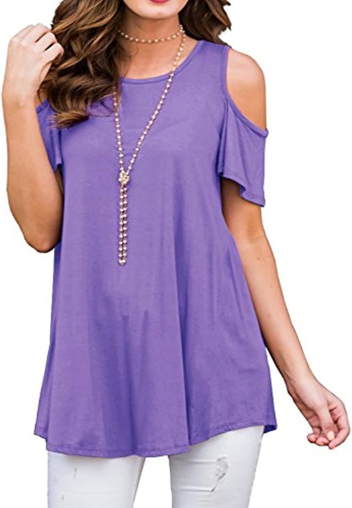 Stokeen Women's Short Sleeve Casual Cold Shoulder Tunic Tops Loose Blouse Shirts