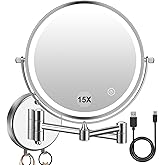 Amelar 1×/15× Wall Mounted LED Makeup Mirror Magnifying Makeup Mirror 3500 mAh Rechargeable, Touch Dimmable 3 Color Lights, 8” Double Sided 360° Rotation, Ideal for Hotel and Bathroom