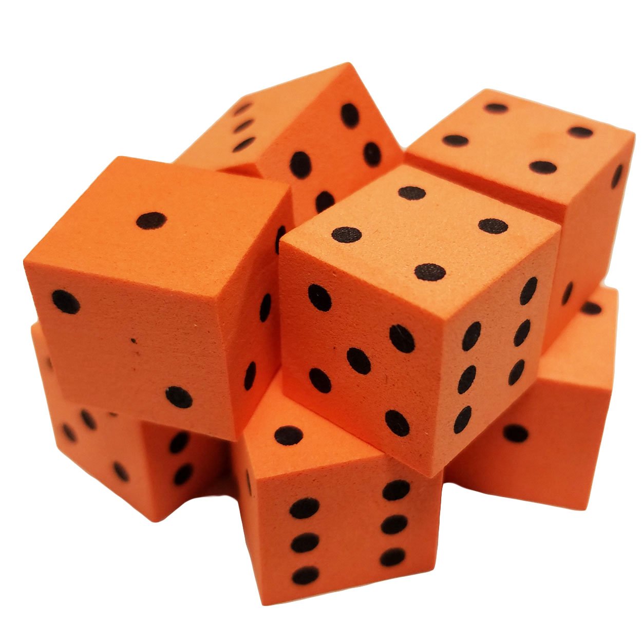 Set of 10 Orange Foam Dice 6 Sided Black Spots 16mm Square Corner in Snow Organza