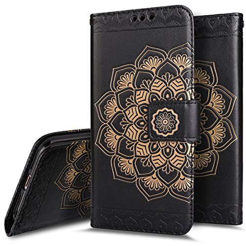 iPhone 6S Plus / 6 Plus Wallet Case,PHEZEN Embossed Mandala Floral PU Leather 2 in 1 Magnetic Detachable Wallet Flip Case Slim Back Cover Card Holder Wrist Strap for iPhone 6/6S Plus 5.5", Black