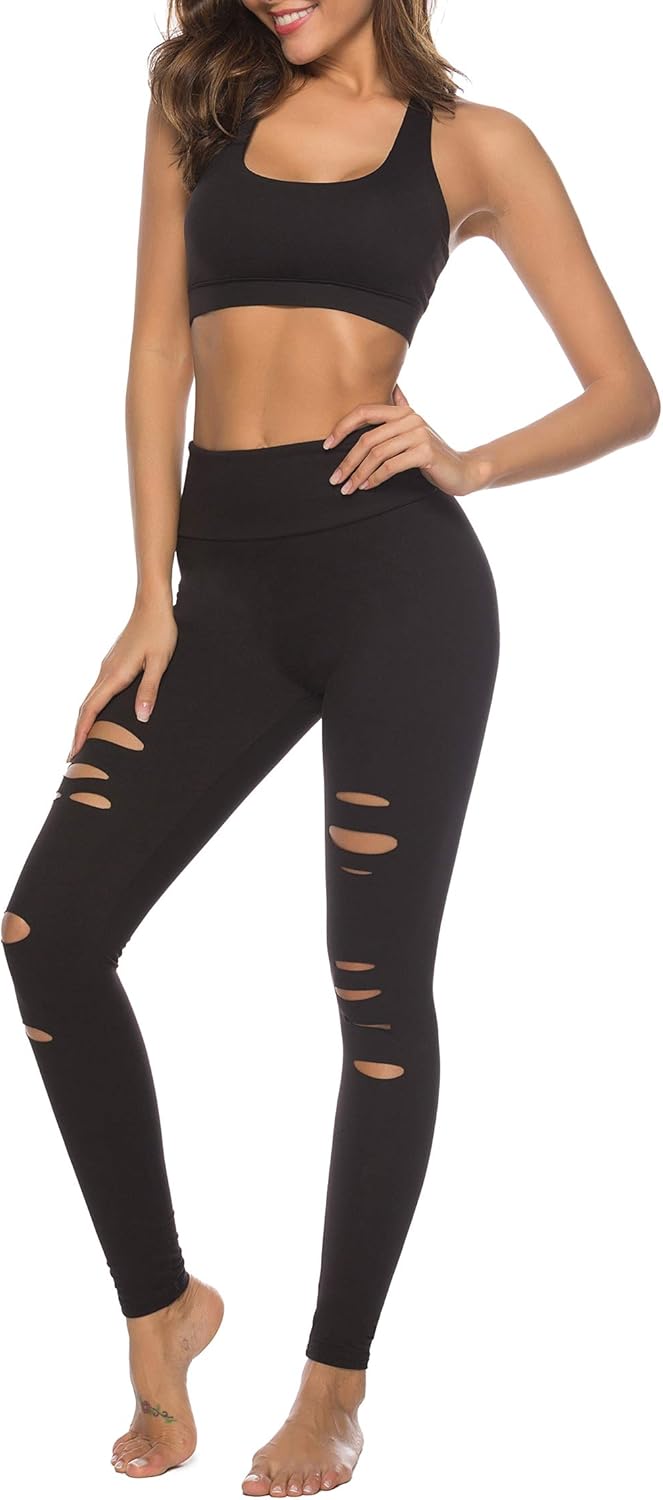 DIBAOLONG Womens High Waist Yoga Pants Cutout Ripped Tummy Control Workout Running Yoga Skinny Leggings: Clothing