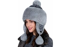 Ibluelover Women Faux Fur Trapper Hat Cossack Russian Ushanka Hat Winter Warm Ear Flaps Mongolian Cap Furry Pompom Cap