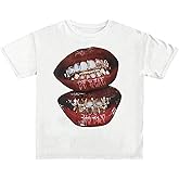 Verdusa Women's Lips Print Graphic Tees Short Sleeve Y2k Tops T Shirts 2000s Clothing Streetwear
