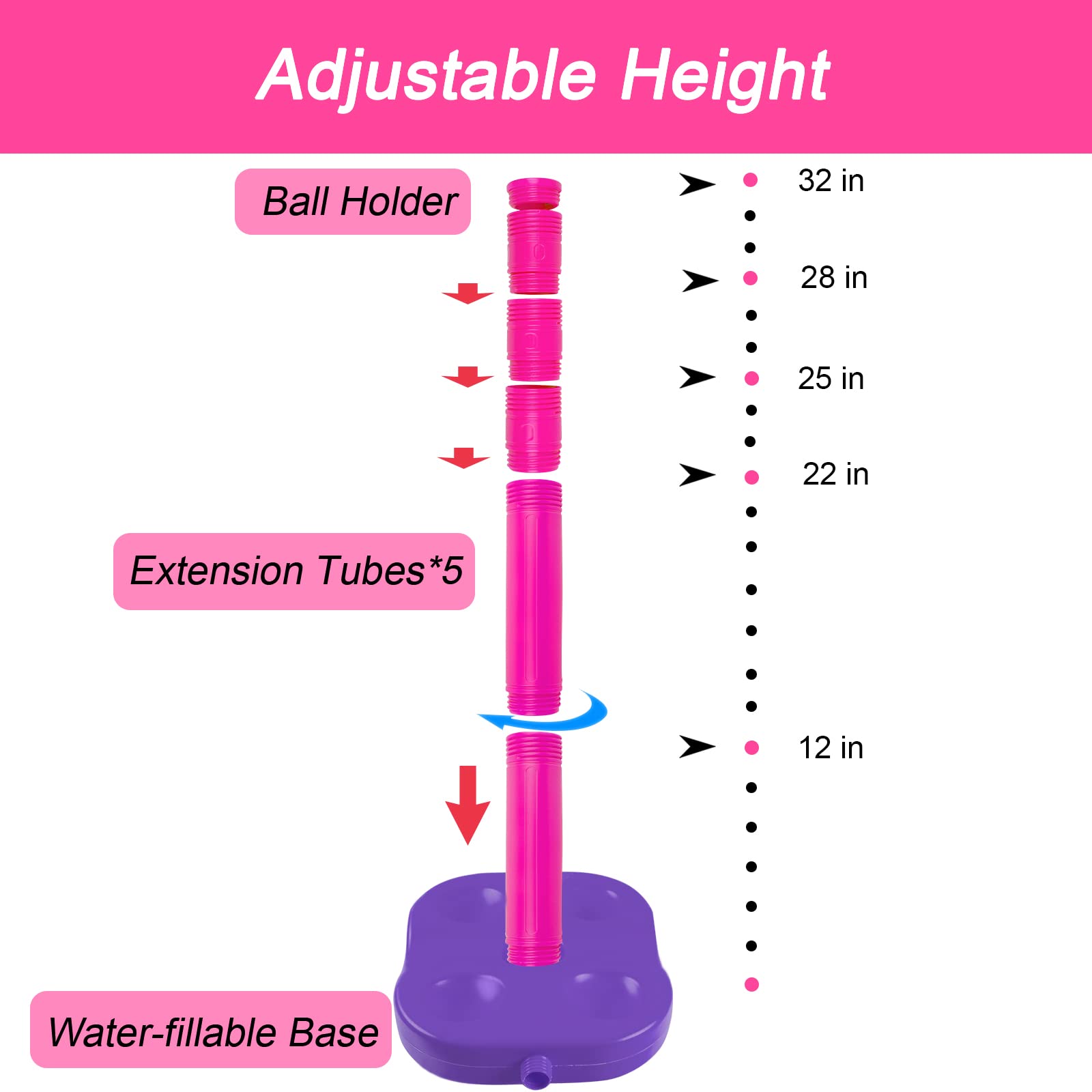 Liberry Adjustable T-Ball Set for Kids and Toddlers, Includes Kids Baseball Bat, Adjustable Height Tee Ball Stand, 4 Balls and Weighted Base, Sports Game Toy Gift for Boys Girls (Pink)