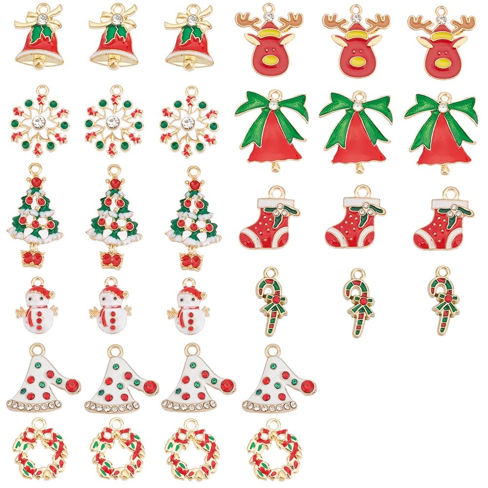 SUNNYCLUE 40pcs 10 Styles Mixed Color Christmas Charms Bulk Snowman Snowflake Boots Tree Wreath Alloy Enamel Rhinestone Winter Charm for DIY Jewellery Making