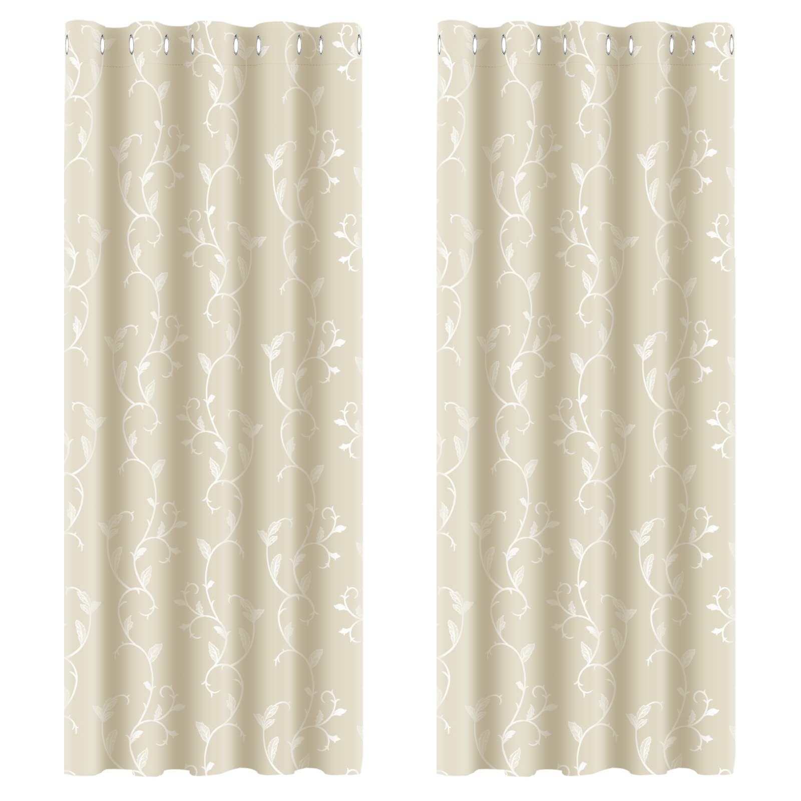 BUHUA Blackout curtains with eyelets, thermal curtains, opaque curtains, blackout curtains, vine pattern, living room, set of 2, H 229 x W 168 cm, beige
