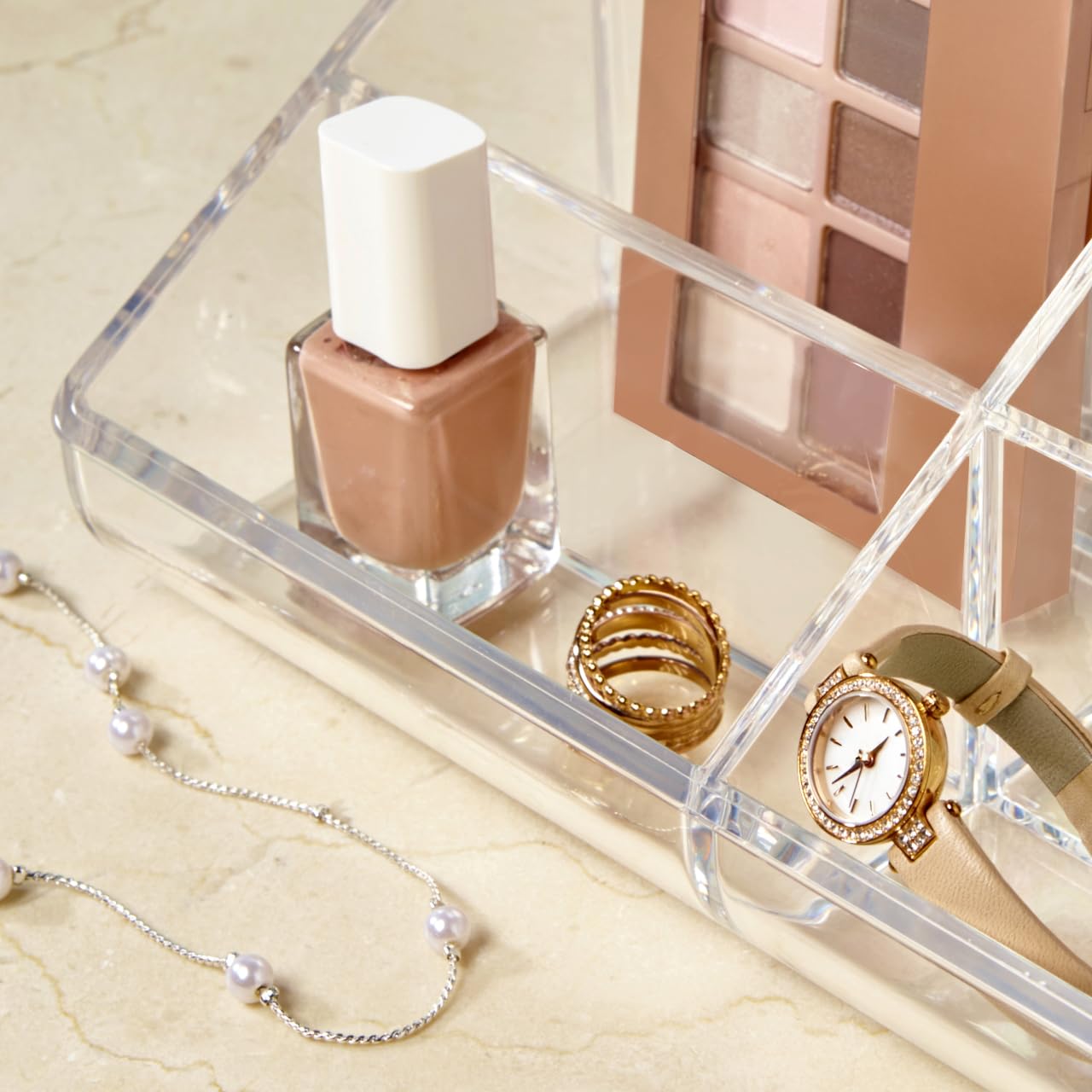 STORi Clear Plastic Vanity Makeup Organizer | 6-Compartment Holder for Brushes, Eyeshadow Palettes, & Beauty Supplies | Curved Front Design | Made in USA