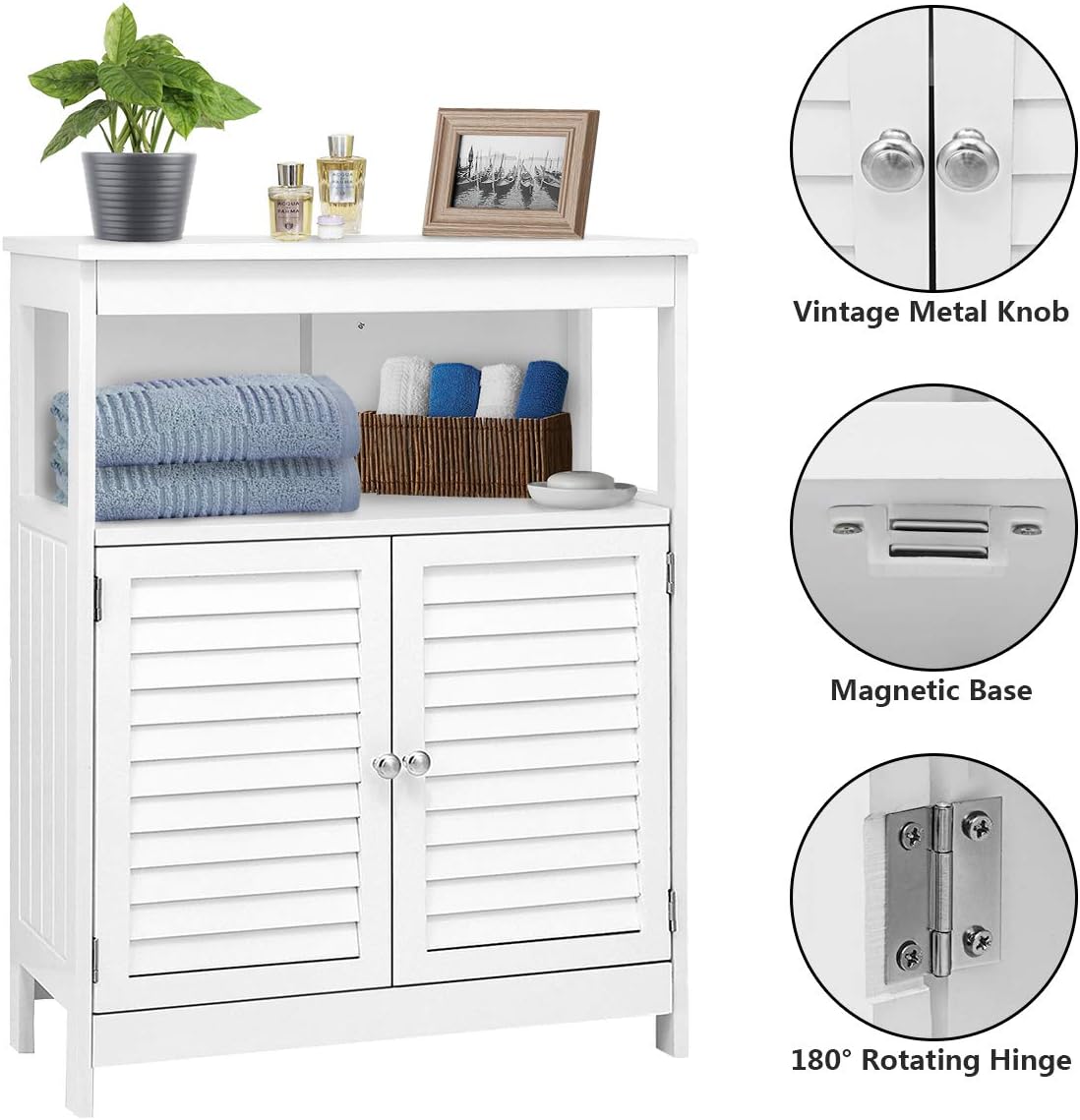 KINGSO Bathroom Floor Cabinet, Free Standing Bathroom Storage Cabinet with Double Shutter Door and Adjustable Shelf for Home Office-White: Furniture & Decor