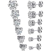 Uacife 6 Pairs Stud Earrings Set,Hypoallergenic Cubic Zirconia 316L Earrings Stainless Steel CZ Earrings 3-8mm