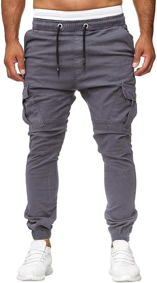 Men Trousers Slim Fit Elasticated Waist Casual Sports Jogger Sweat Pants Cuffed Hem Cargo Chinos with Baggy Pocekts (Dark Grey M)