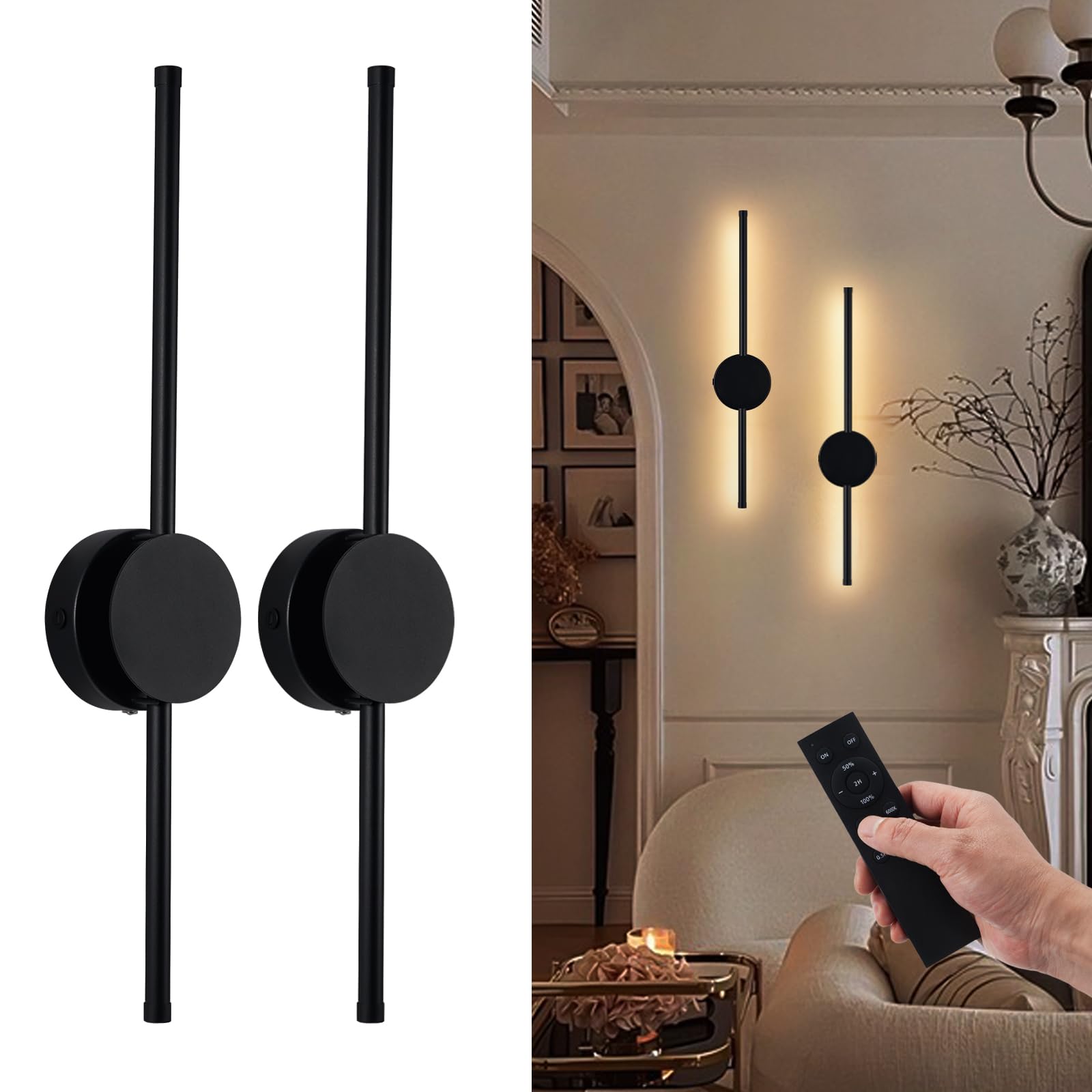 Photo 1 of Litampo Rechargeable Battery Operated Wall Sconce Set of 2, LED Cordless Wall Lamp with Remote Timer, Dimmable 3-Color Accent Lights for Dining Living Room, Bedroom, Hallway, Bathroom, Doorway – Black