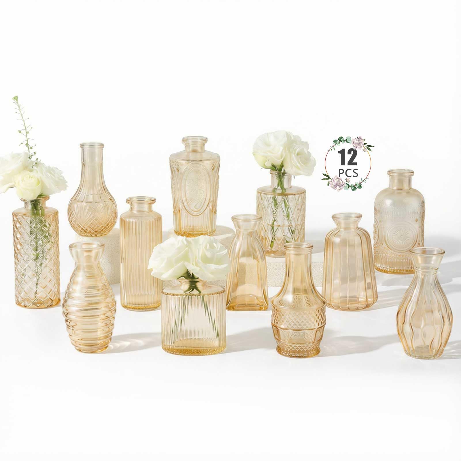 Photo 1 of 12 Pack Bud Vase in Bulk - BEAHOT Gold Flower Vases for Wedding Decorations, Glass Vase for Table Decorations, Small Vase for Home, Mother's Day, Centerpieces, Party, Office (Gold)
