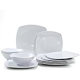 Melamine Dinnerware Sets, Square Dinnerware Sets, White Color Plates and Bowls Sets for 4, Unbreakable Dishwasher Safe BPA Free