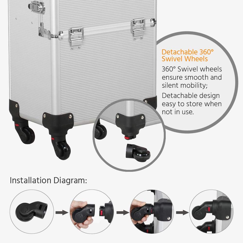 Yaheetech 3 in 1 Professional Aluminum Rolling Makeup Trolley Artist Train Case Cosmetic Organizer Makeup Case 4 Removable Spinner Wheels Silver : Beauty