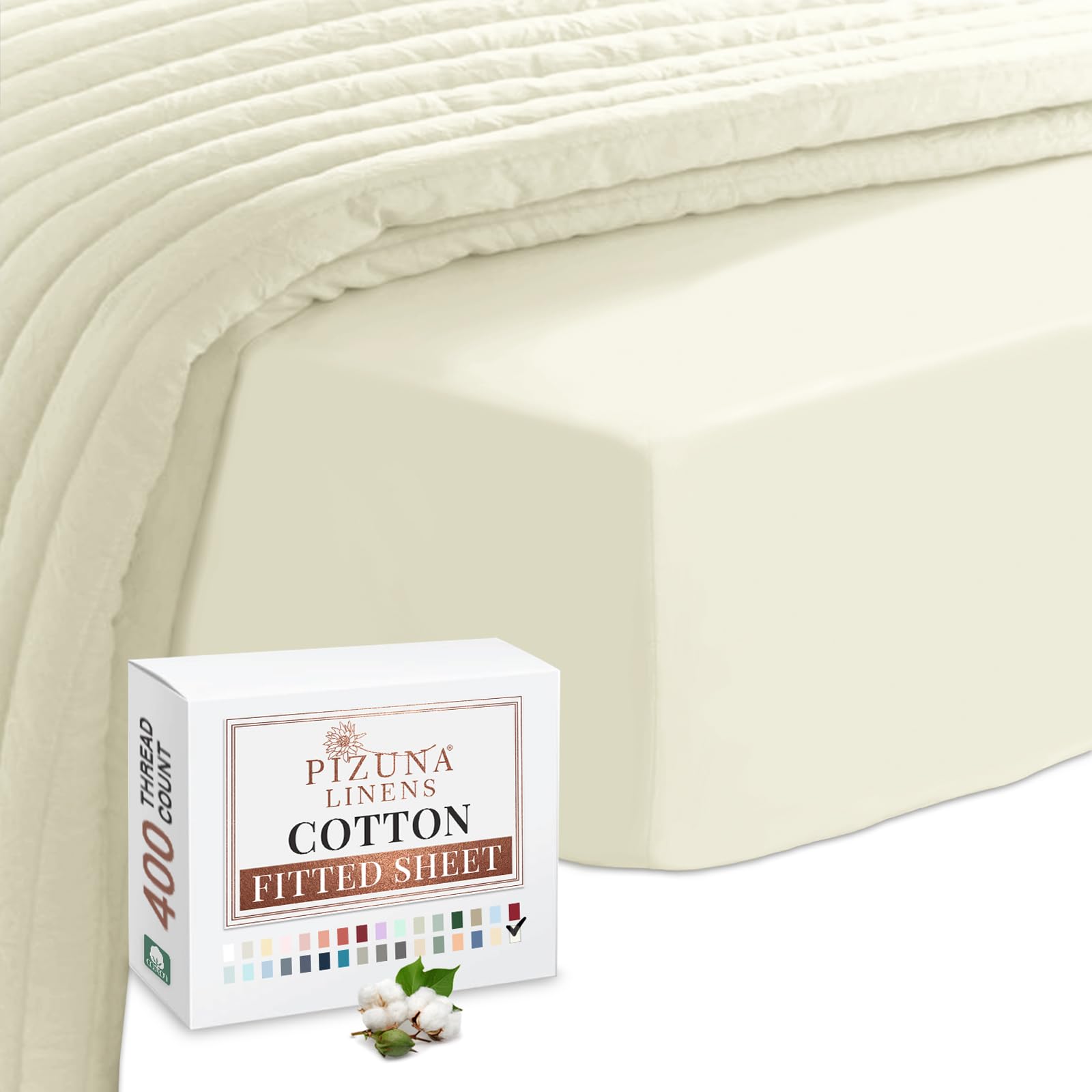 Pizuna 100% Cotton Super King Fitted Sheet Off White, 400 Thread Count Long Staple Cotton Fitted Sheet 180x200 cm, Sateen Weave Superking Fitted Sheet Extra Deep 40 cm Fit 1 PC