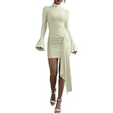 Women’s Long Sleeve Bodycon Mini Dress with Mock Neck, Bell Sleeves, Ruched Side Tie Sash, Butter Yellow Cocktail Party Work