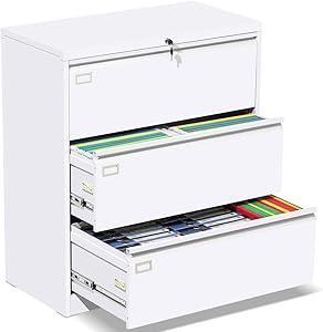 3 Drawer Lateral File Cabinet with Lock, White Heavy Duty Metal Storage Printer Stand, Anti-Rust Large Filing Cabinet with 6 Adjustable Hanging Bars and 2 Keys for Office Home (Easy to Assemble)