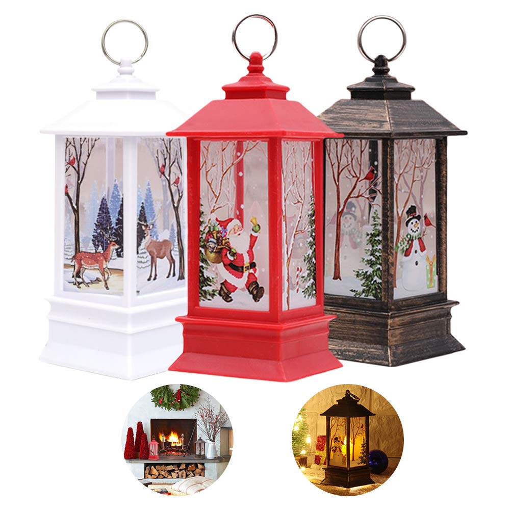 Christmas Lantern Christmas Outdoor Lights 3 PCS Small Christmas Decorations Lights Xmas Candle with LED Tea Light Elk Snowman Santa Claus Light for Christmas Party Decor