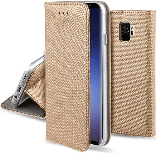 Moozy Case Flip Cover for Samsung S9, Gold - Smart Magnetic Flip Case with Folding Stand