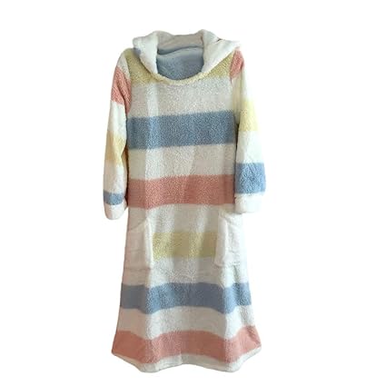 feiXIANG Damen Langärmliges Plüsch Kleid Warm Pyjamas Rock Lange Shirt Blusenkleid with Rabbit Ear Striped O-Neck Tunika