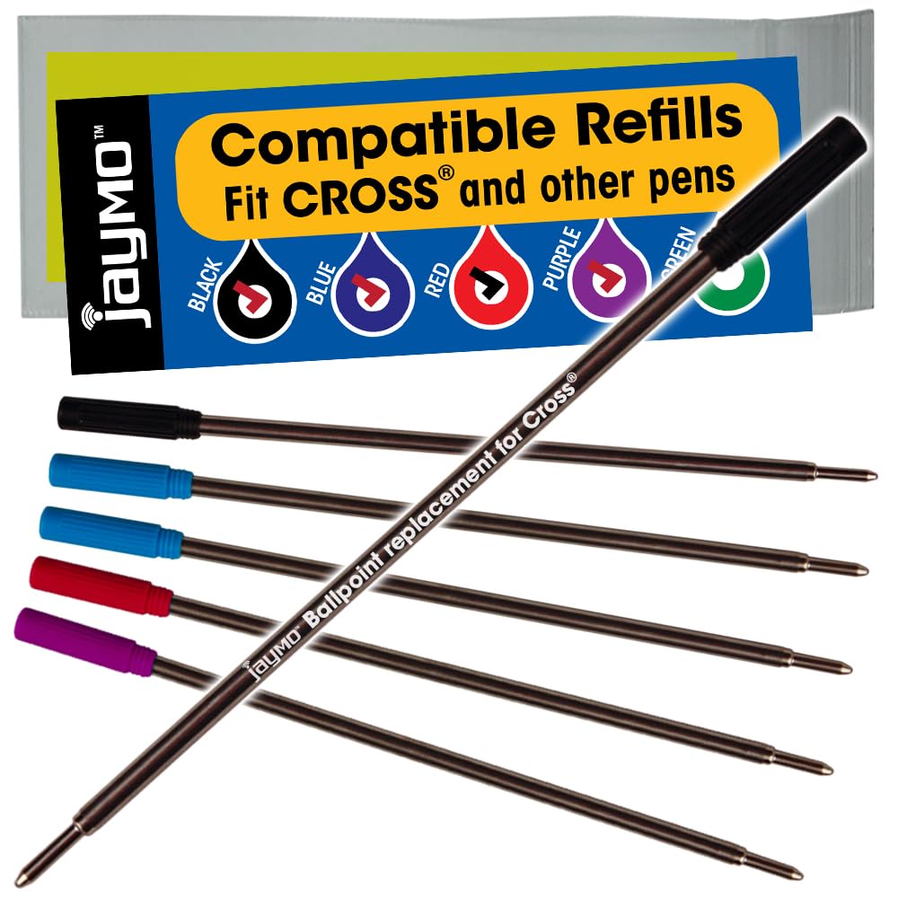 Jaymo Replacement for Cross 8511/8513/8515 - Measures 4.563 in / 116 mm Long - Ballpoint Pen Refill - 2 Black + 2 Blue + Red + Purple