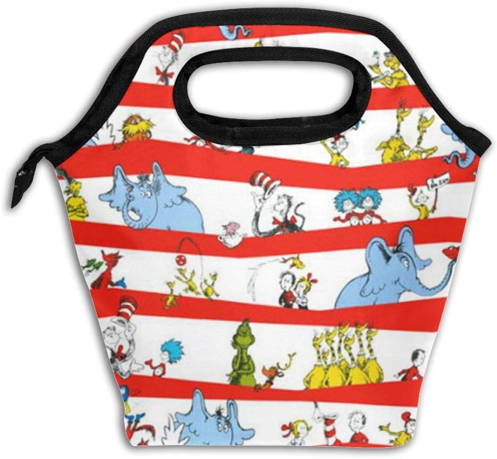 Celebrate Seuss Character Stripe White Red Reusable Insulated Lunch Bag Cooler Tote Box with Zipper Closure for Woman Man Work Pinic Or Travel