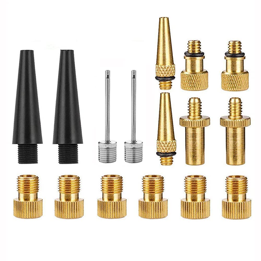 ANCLLO 16PCS Brass and Valve Adapter Bike Tire Valve Adapters Ball Pump Needle Adapters Kit Inflation Devices and Accessories fit for standard pump or Air Compressor,No Discolouration DV AV SV Valve