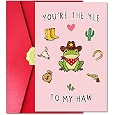 Pstyteos Funny Cowboy Valentine’s Day Card for Husband Boyfriend, Humorous Frog Valentine’s Day Card with Red Envelope and Sticker for Him Her, You’re the Yee to My Haw