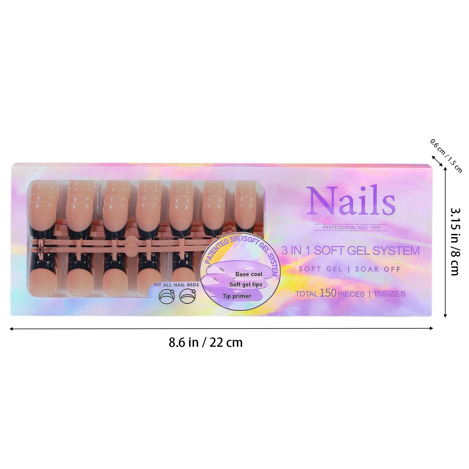 150 Pcs Black French Tip Press on Nails Short Square Fake Nails 3 IN 1 Soft Gel Tip Nails 15 Size Full Cover False Nails X-Coat Nail Tips Kit Short Coffin Acrylic Stick Glue on Nails for Women - Image 2