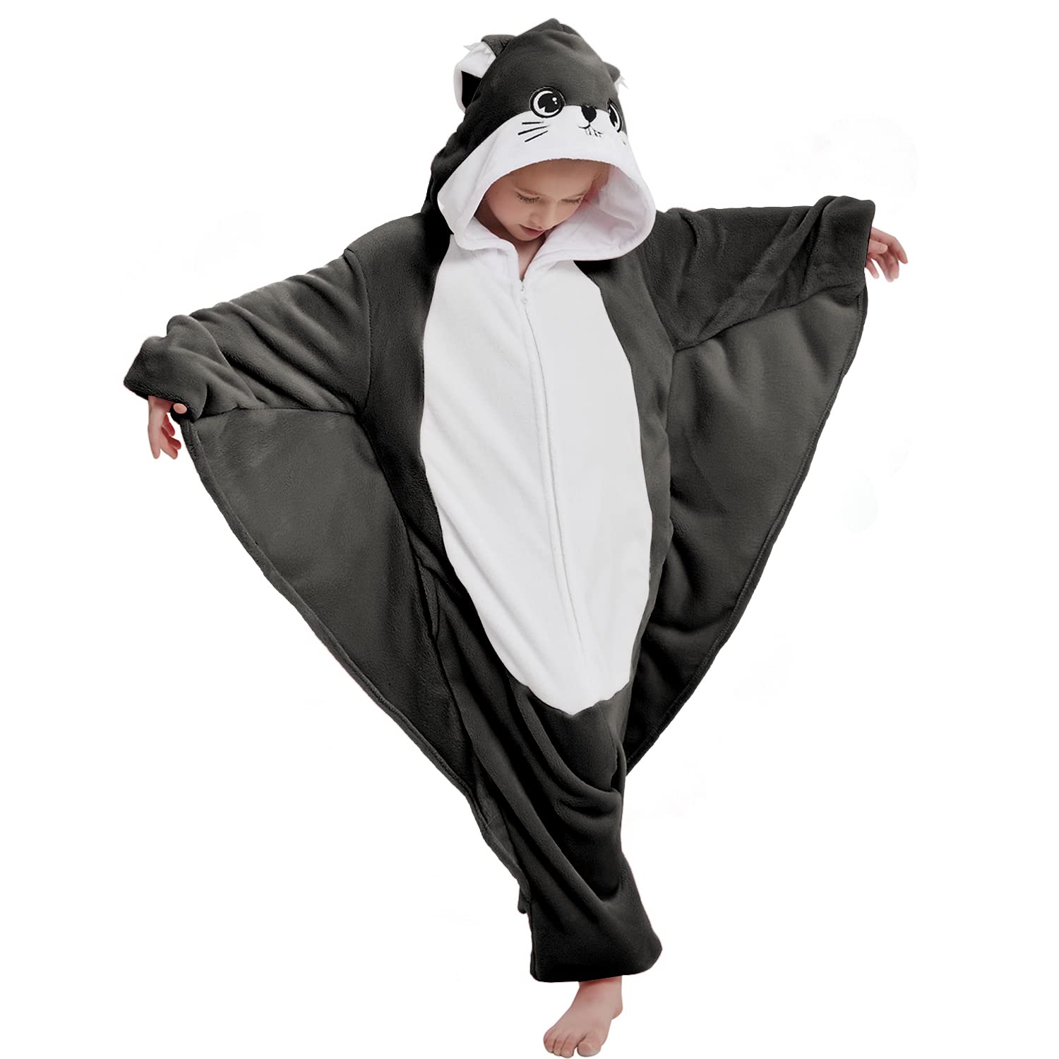 Photo 1 of ABASACO Flying Squirrel Onesie Kids Plush Animal Costume One Piece Pajamas Girls Teen Halloween Cosplay Sleepwear Gray 10-11 Years