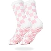 Joyou up 1Pair Socks with Grips for Women Checkered Knit Ankle Yoga Socks, Non Slip Anti-Skid Grippy Dots, Breathable Pilates & Barre Workout Grip (1Pink)