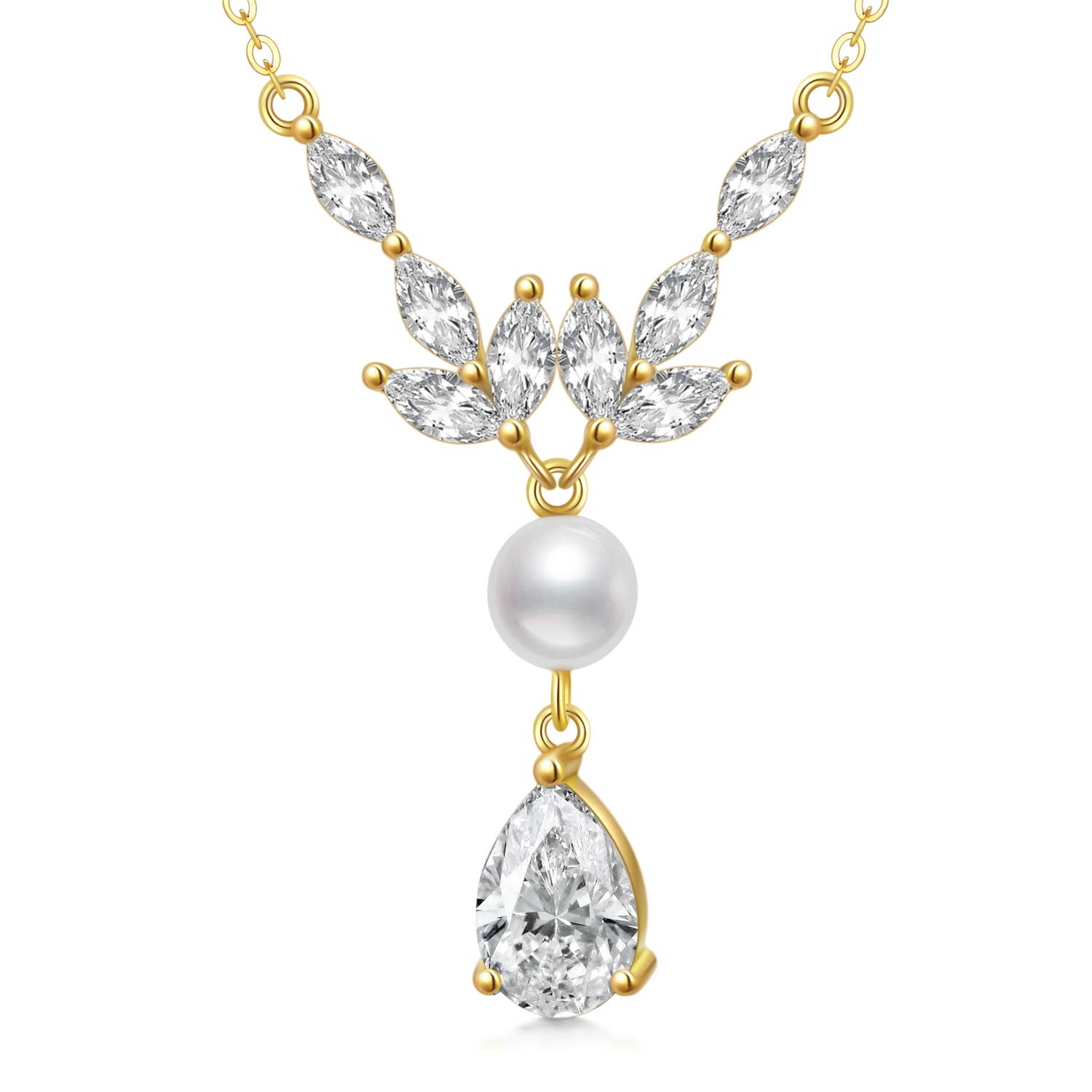 SISGEM 9 ct Gold Bridal Necklace, Solid Yellow Gold Floral Pendant Necklace with Freshwater Pearl, for Women Girls Ladies Mum Sisters, 16"+1"+1"