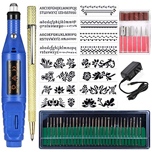 Electric Micro Engraver Pen Mini DIY Vibro Engraving Tool Kit for Metal Glass Ceramic Plastic Wood Jewelry with Scriber Etcher 30 Bits,6 Polishing Head and 16 Stencils and 1 Scriber Pen