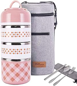 Lunch Box Stainless Steel Food Containers 3 Stackable Square Bento Box with Insulated Lunch Bag Spoon and Fork Set for School Office Or Picnic (Light Pink)