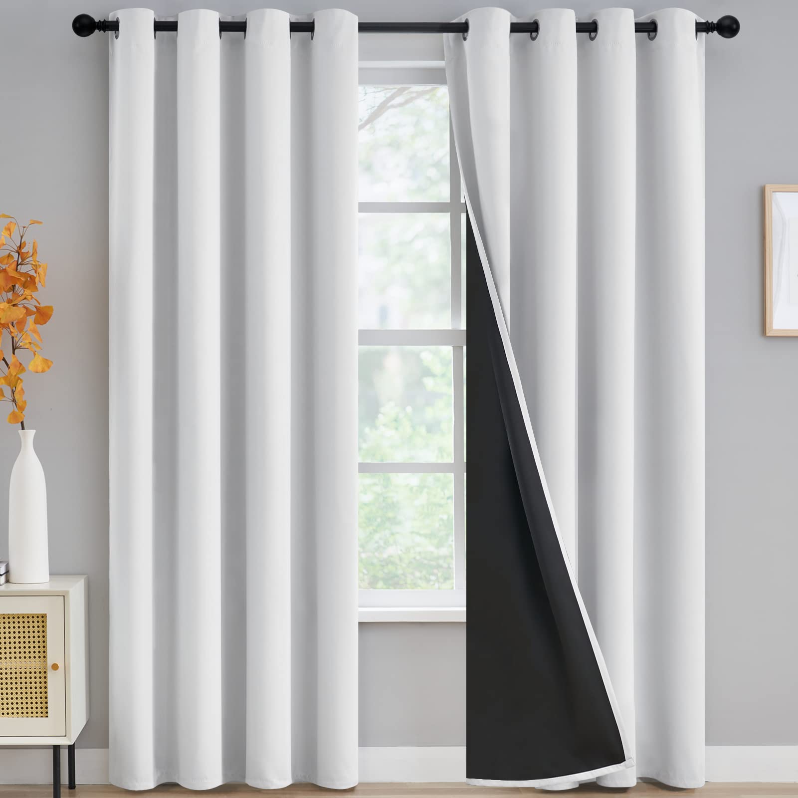 Photo 1 of 100% Blackout Curtains for Bedroom - Triple Weave Grommet Top Thermal Insulated Window Treatment Light Blocking Panels with Black Liner for Living Room/Kids Room, Greyish White, W52 x L84, 2 Panels