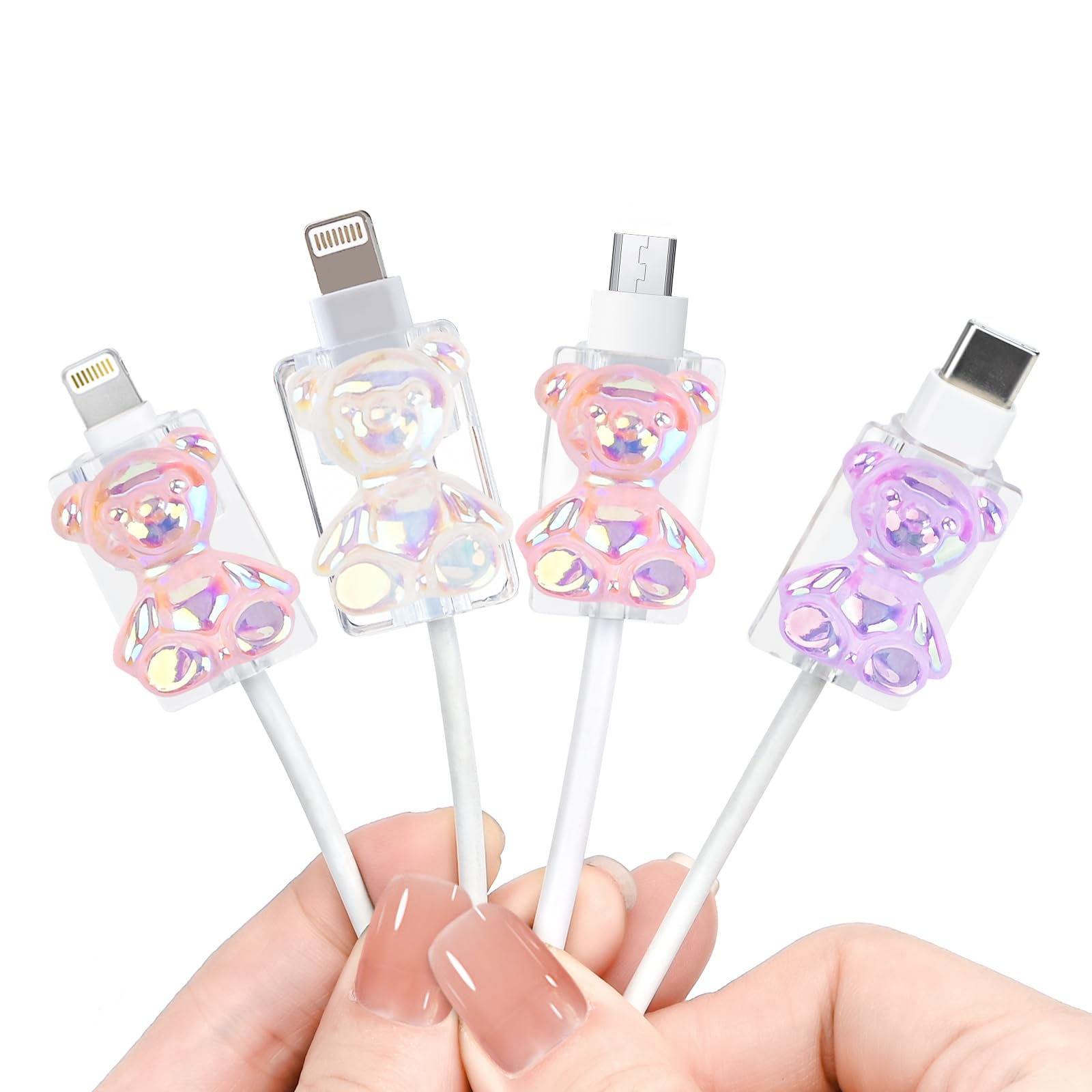 DiyGody Cute Cable Protector for iPhone Type-c Charger, 4 pcs Cartoon Charging Cord Protector Laser Pink Purple 3D Bear Design,Anti-Break Cord Cover, Cable Sleeve, Cable Chomper
