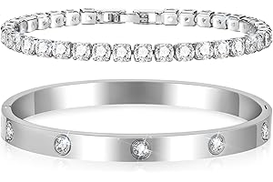 Women Tennis Bracelet Set - Stainless Steel Gold Plated Bangle, Dainty Cubic Zirconia Classic Tennis Cuff Bracelets, Jewelry 