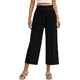 Yusongirl Women's High Waisted Wide Leg Linen Palazzo Pants - Elastic Smock Waist Casual Capri Pull On Pants with Pocket