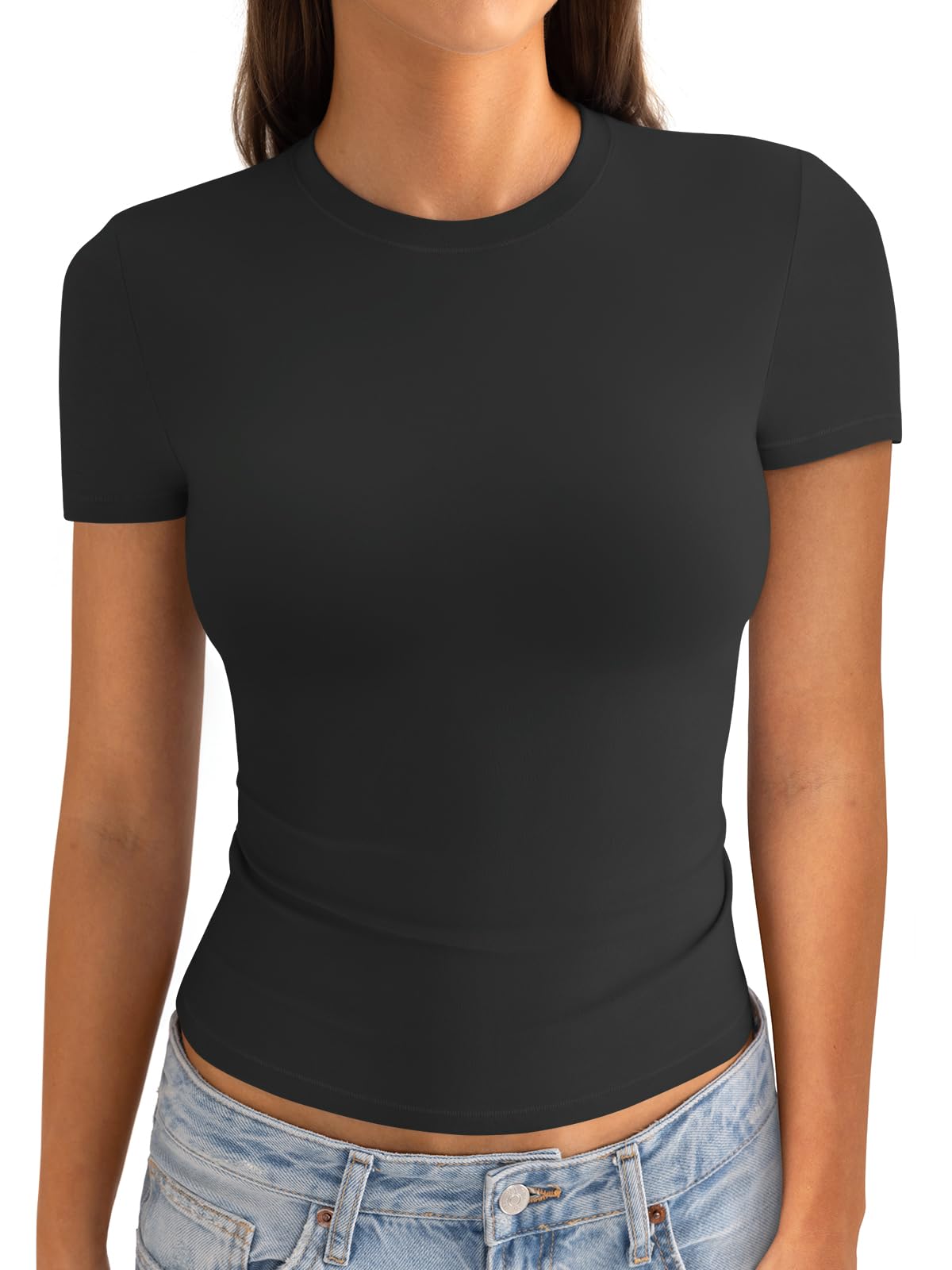 Photo 1 of EasyGala Womens Cotton Crew Neck Short Sleeve Shirts Summer Top Fashion Y2k Crop Tops Round Neck Basic Slim Fit Going Out Tee Stretchy Trendy Tight Fitted Tops Black L