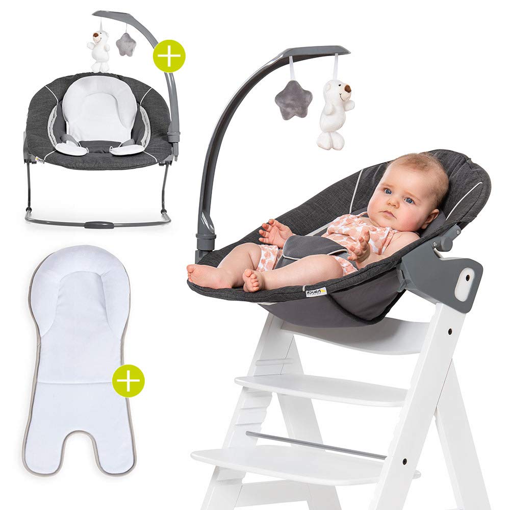Hauck Alpha &amp; Beta Hochstuhl Newborn Aufsatz - Bouncer 2in1 Deluxe - ab Geburt (für Neugeborene), Rückenlehne verstellbar und als Babywippe nutzbar - Melange Grey