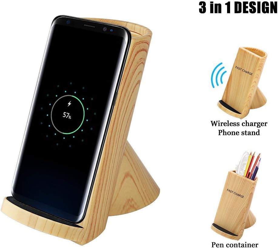 Fast Wireless Charger Stand Wood Grain Replacement for Samsung Galaxy S9/S9 Plus/S8/S8 Plus/S7/Note8, Qi Charger for iPhone X/iPhone 8/8 Plus and All Qi-Enabled Devices