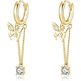 SLUYNZ Sterling Silver Butterfly Drop Dangle Small Hoop Earrings Chain for Women Teens CZ Butterfly Hoop Earrings Huggie