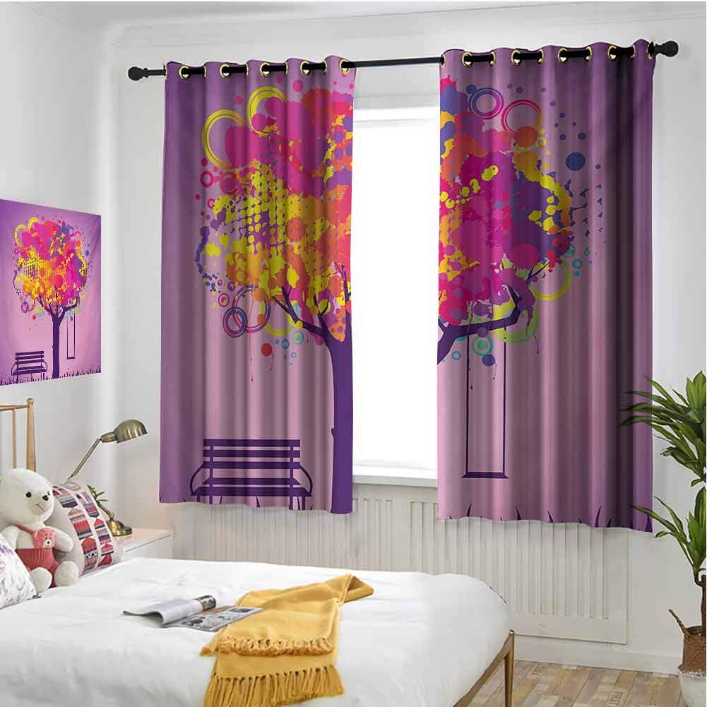 hengshu Tree Grommet Thermal Curtains Blackout Retro Picture of Graffiti Colorful Tree with Circle Patterns and Swing Childhood Graphic Pattern Curtains Long W42 x L36 Inch Multi