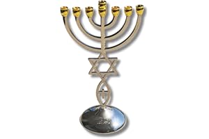 3 Arches USA 7 Branch Menorah - Jerusalem Temple Messianic Menorah, Gold & Silver Plated, 8.5" Tall - Messianic Symbol Home Decor with Star of David & Ichthys (Gold/Silver)