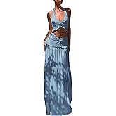 Famnbro Womens 2 Piece Skirt Sets Halter V Neck Y2k Top and Flowy Ruffle Maxi Skirts Summer Vacation Outfits