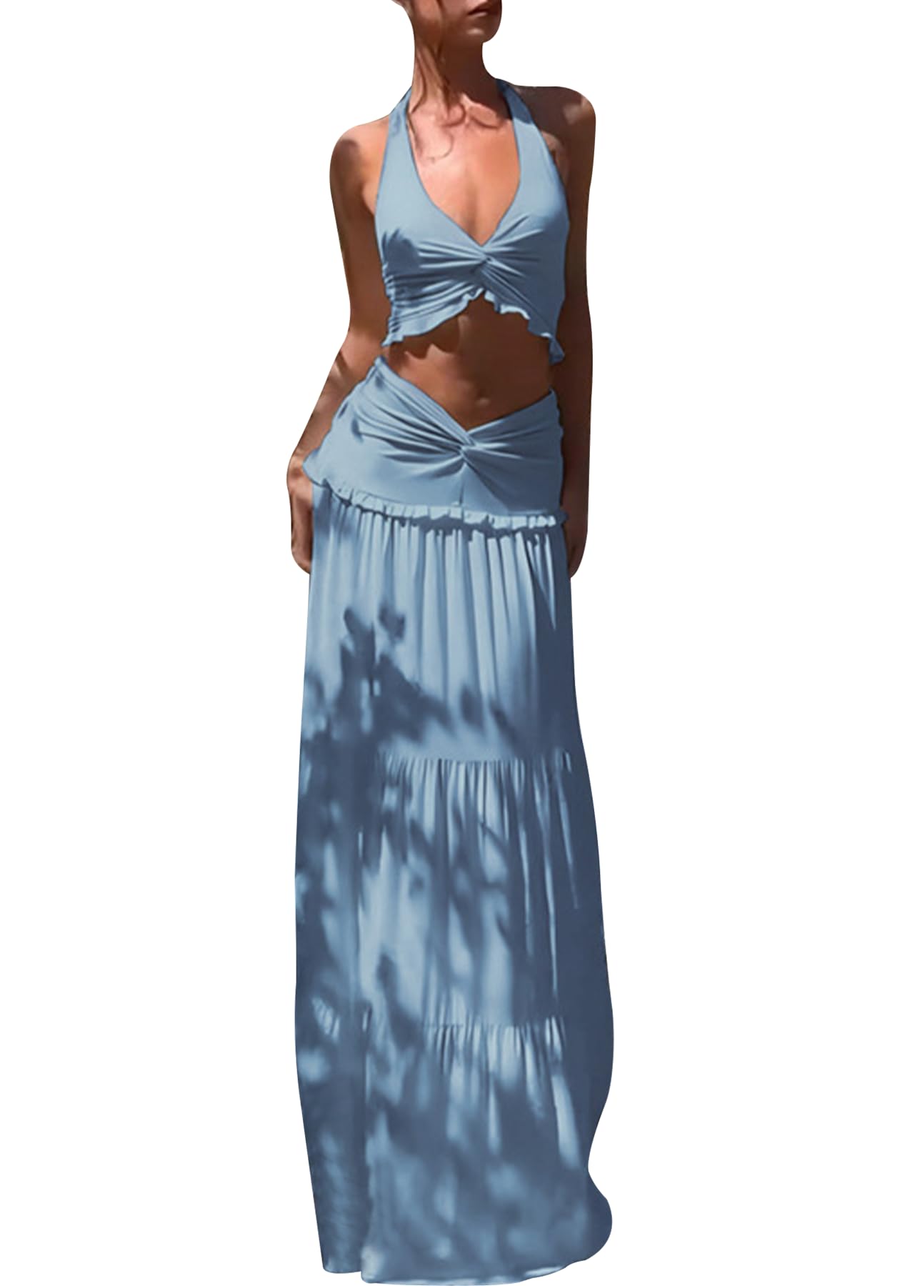Photo 1 of Famnbro Womens 2 Piece Skirt Sets Halter V Neck Y2k Top and Flowy Ruffle Maxi Skirts Summer Vacation Outfits