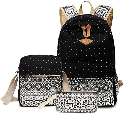 CulturesIn 3 Pieces Geometry Dot Casual Canvas Backpack Bag Suit , Fashion Cute Lightweight Shoulder Daypack School Backpack Causal Handbag for Teen Young Girls (black)